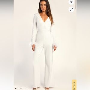 Lulu’s You Make Everything Feather White Long Sleeve Jumpsuit
